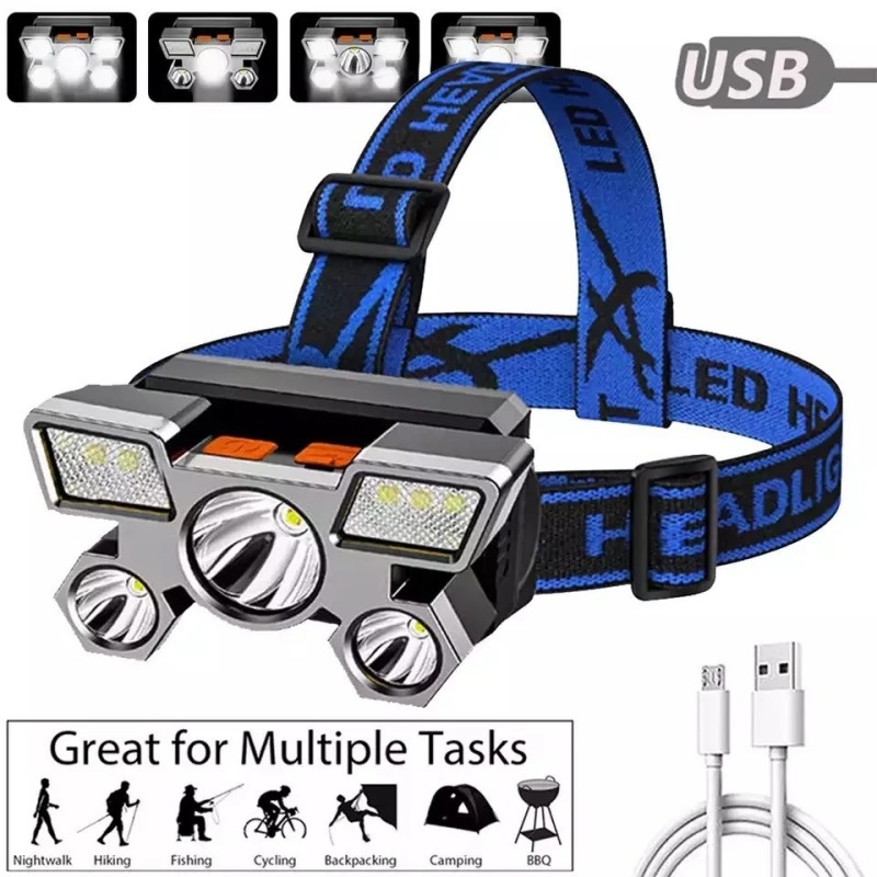 Fish Finder Battery - USB Rechargeable Headlamp Portable 5LED Headlight